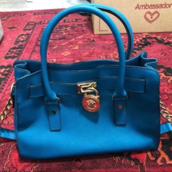 Michael Kors Hamilton Purse with handles and gold chain strap. Pretty teal color - Picture 2 of 2